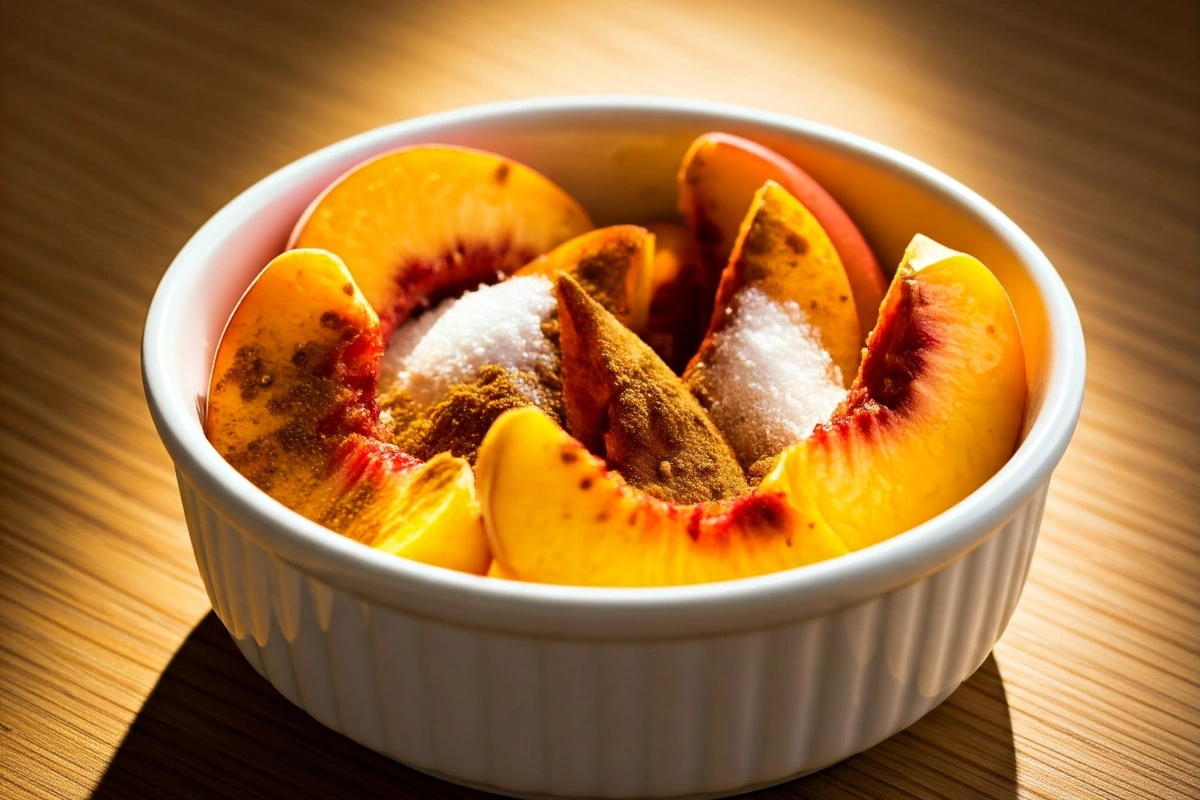 Fresh peach slices with cinnamon and sugar