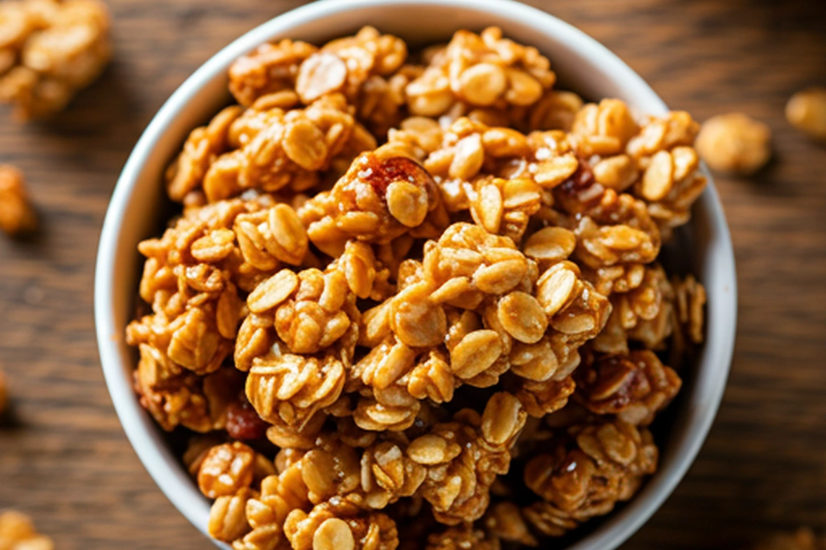 Sticky homemade granola clusters with a honey drizzle