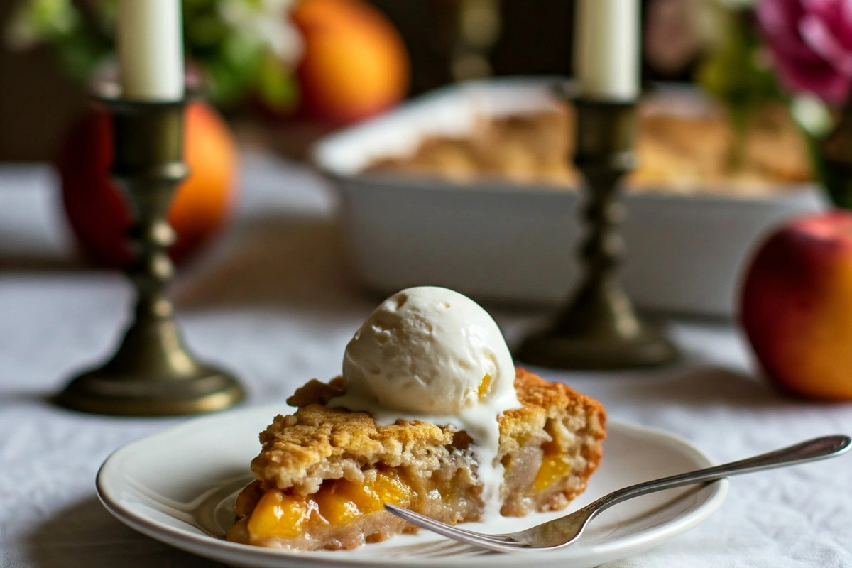 Slice of peach cobbler with vanilla ice cream on top