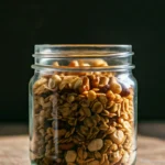 Homemade granola in a glass jar on a wooden table.