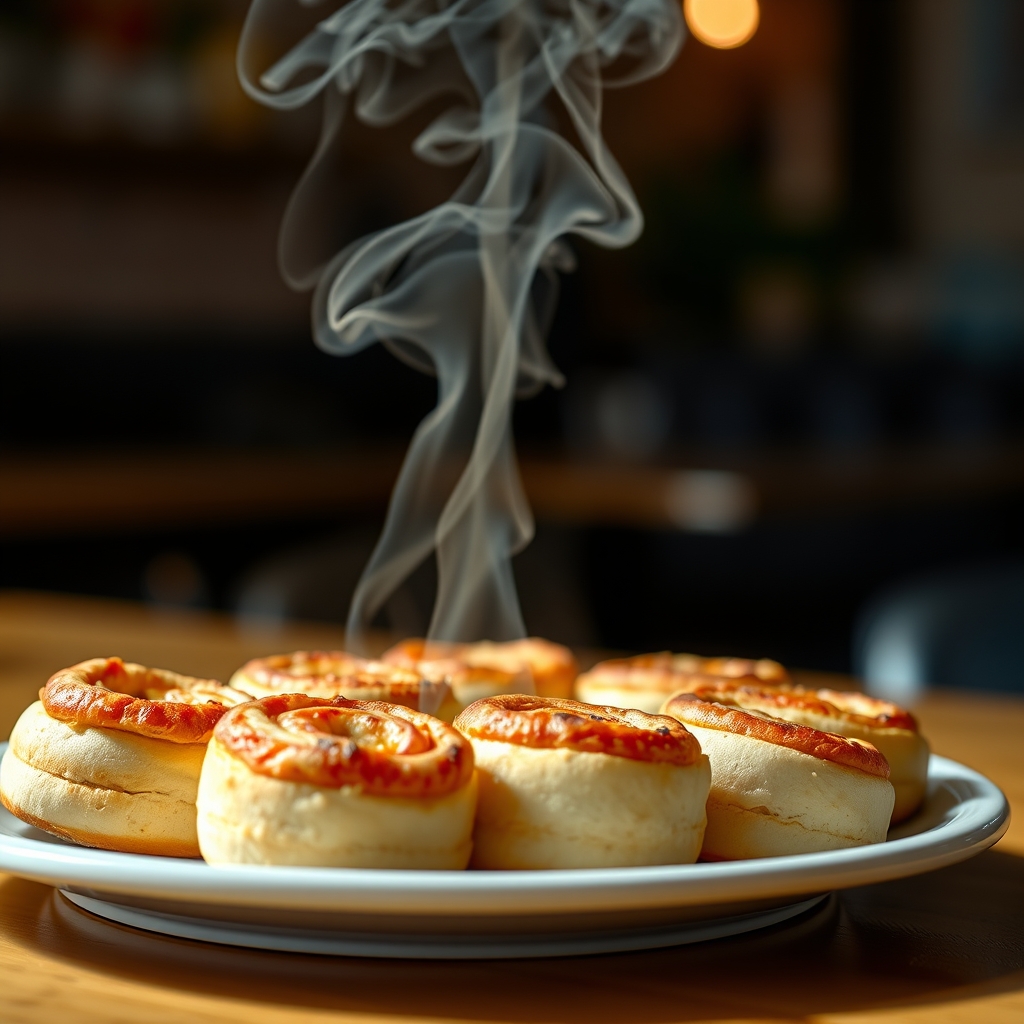 steaming pizza rolls on a plate after air frying