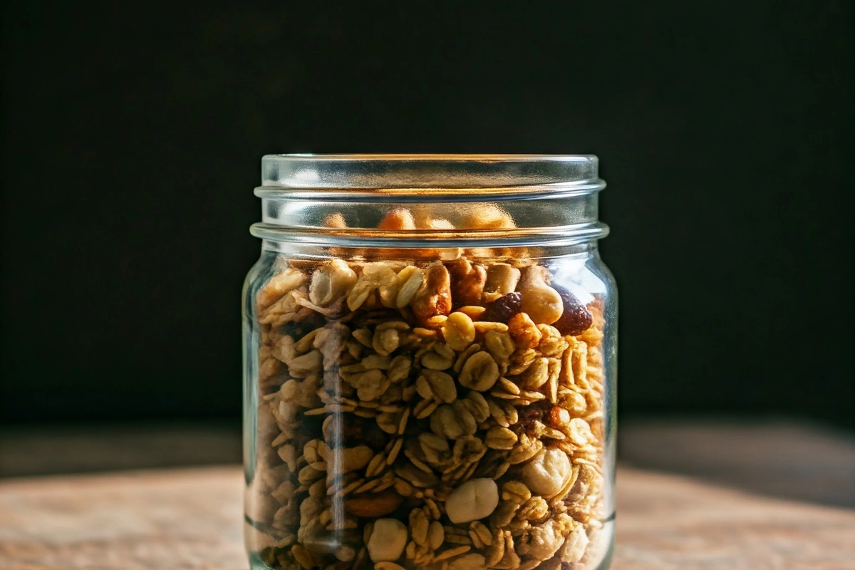 Homemade granola in a glass jar on a wooden table.