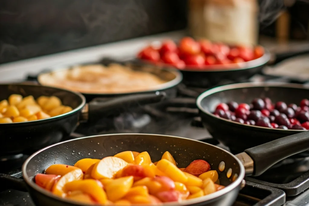 Preparing fruit pie fillings with apples, berries, and stone fruits on a stovetop