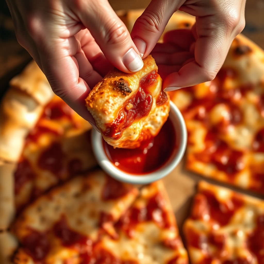 dipping a crispy pizza roll in sauce