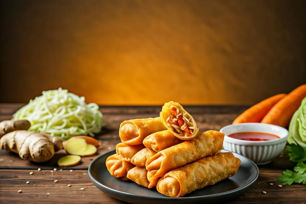 Golden egg rolls served with dipping sauce on a rustic table