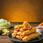 Golden egg rolls served with dipping sauce on a rustic table