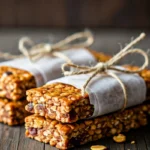 Homemade granola bars wrapped in parchment paper on a wooden table