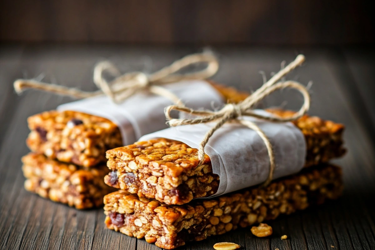 Homemade granola bars wrapped in parchment paper on a wooden table