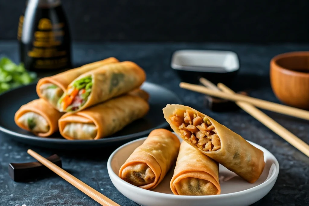 Comparison of spring rolls and egg rolls on separate plates