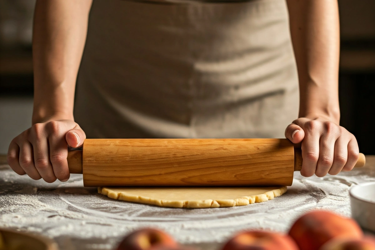 Baker rolling out pastry dough for peach pie