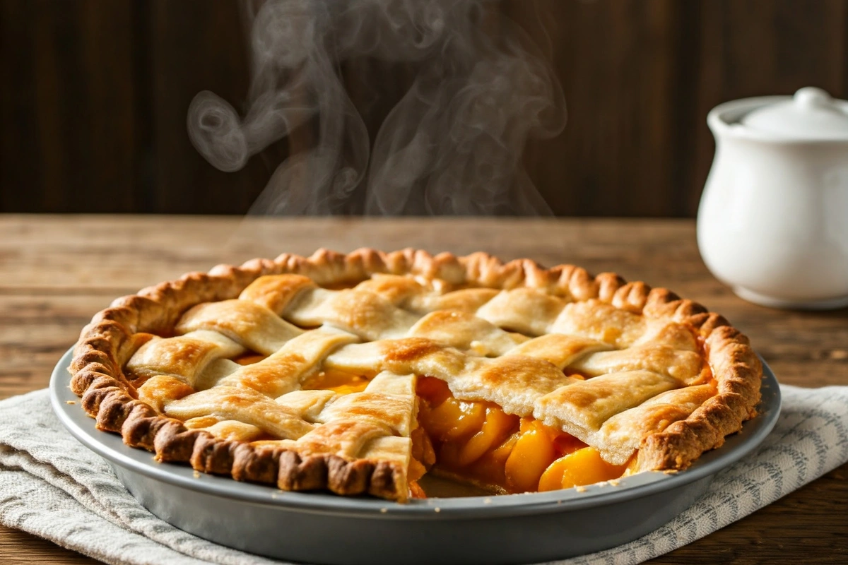 Freshly baked peach pie with a lattice crust and juicy filling