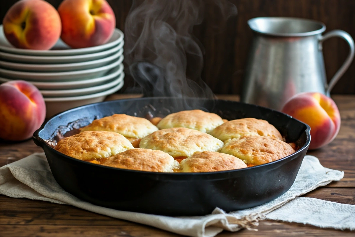 Rustic peach cobbler in a skillet surrounded by fresh peaches