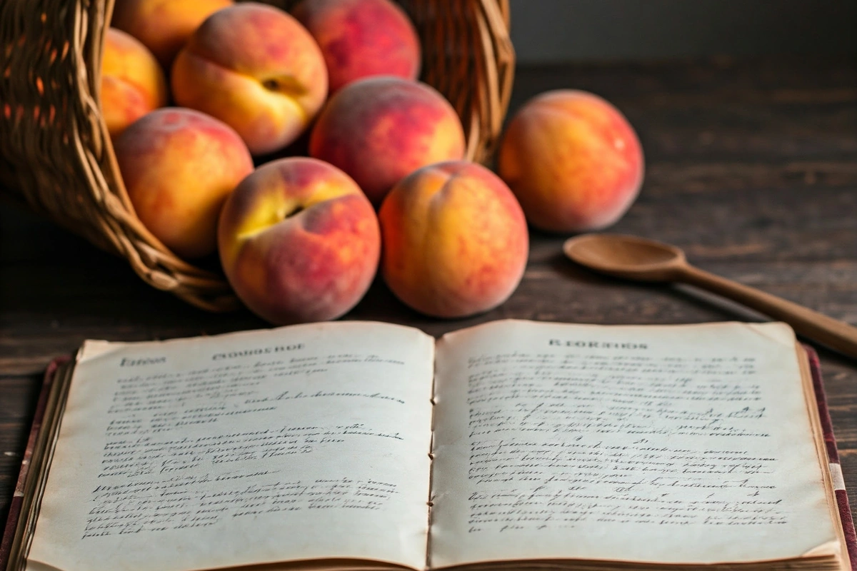 Antique recipe book showing a cobbler recipe with fresh peaches