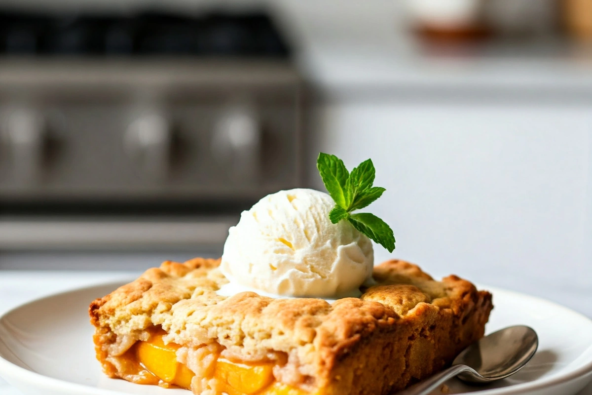 Modern peach cobbler served with ice cream and mint