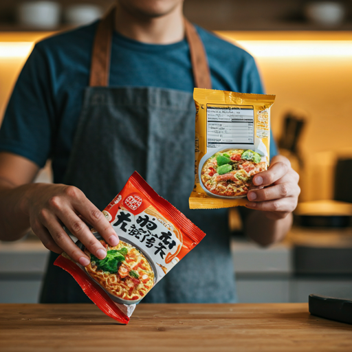  Home cook checking ramen noodle ingredients