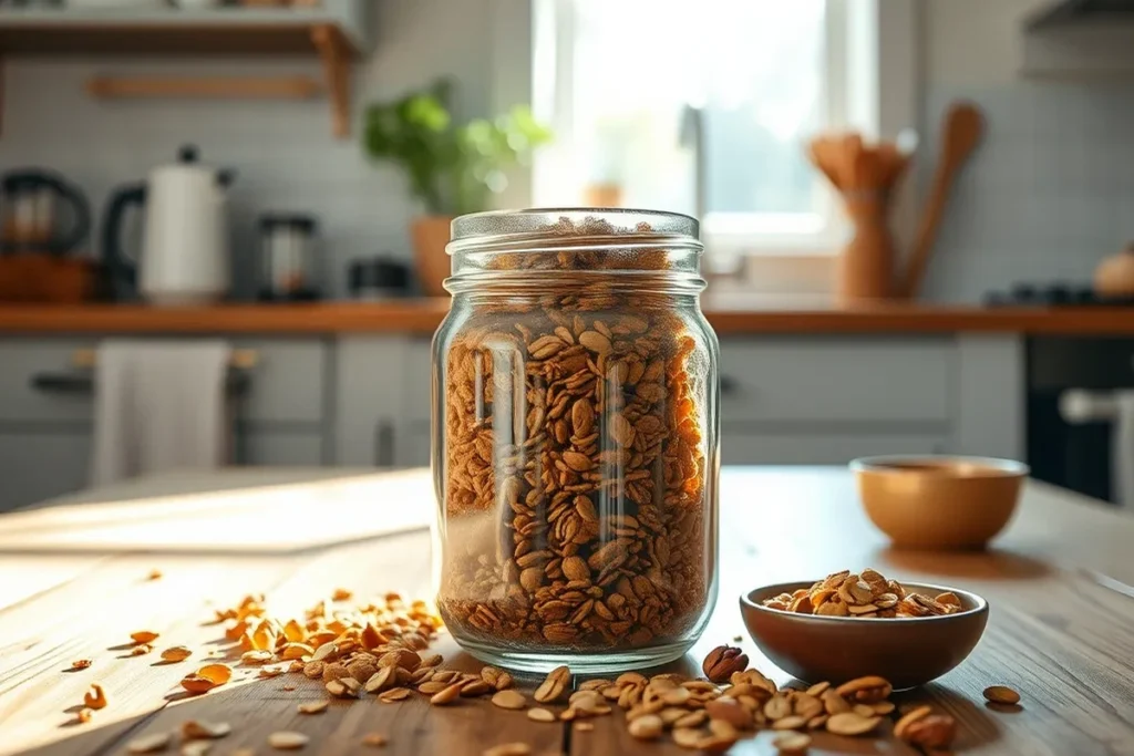 Featured image of homemade granola in a mason jar on a wooden table.