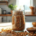 Featured image of homemade granola in a mason jar on a wooden table.