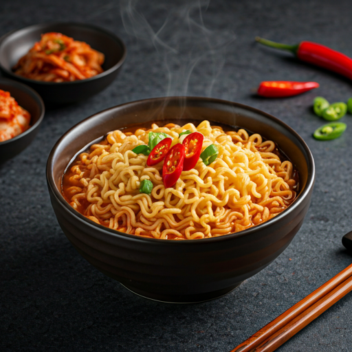 Steaming bowl of spicy Korean ramen with side dishes