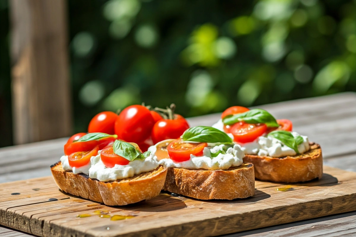 Burrata Bruschetta on a rustic wooden table with fresh toppings