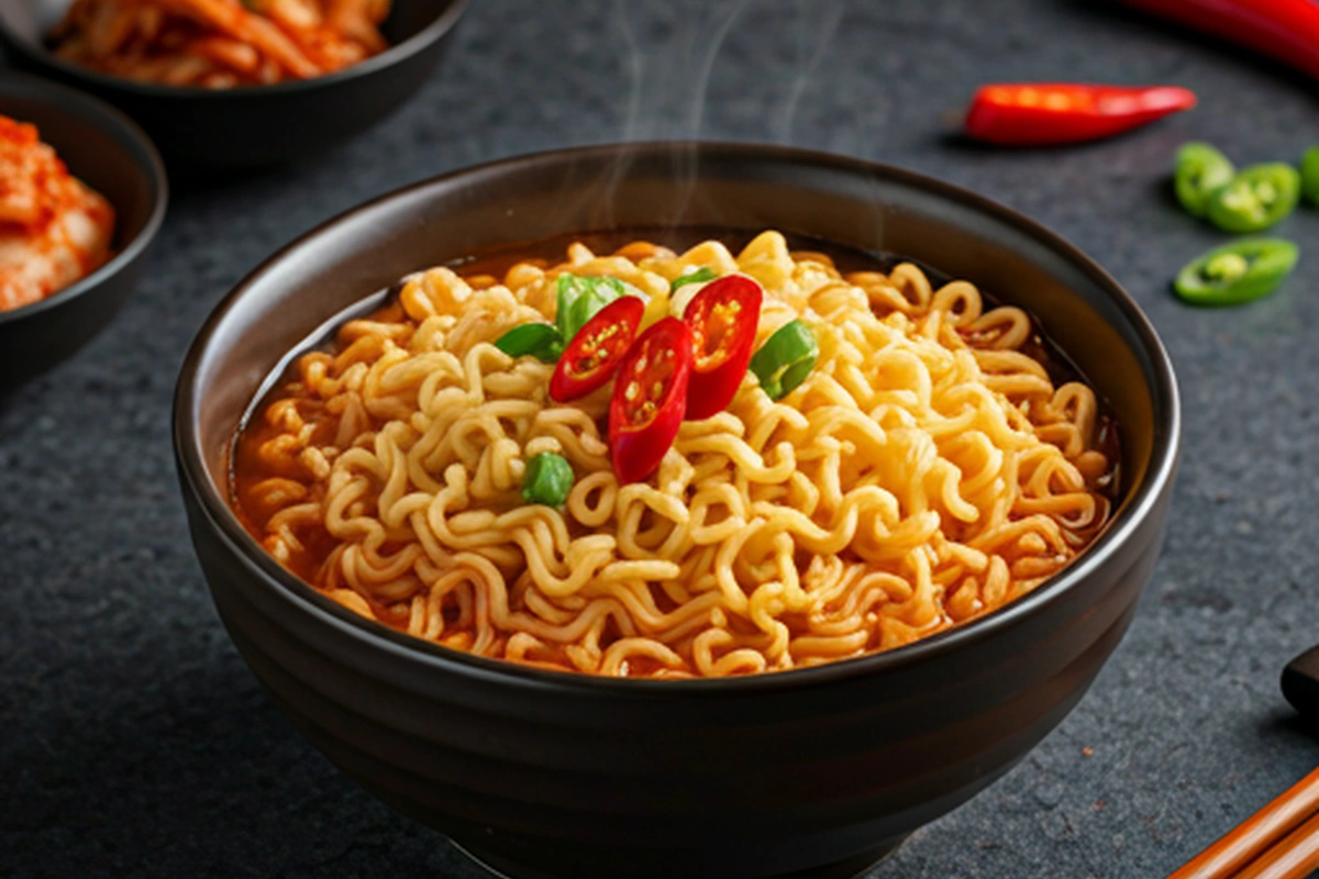 Steaming bowl of spicy Korean ramen with side dishes