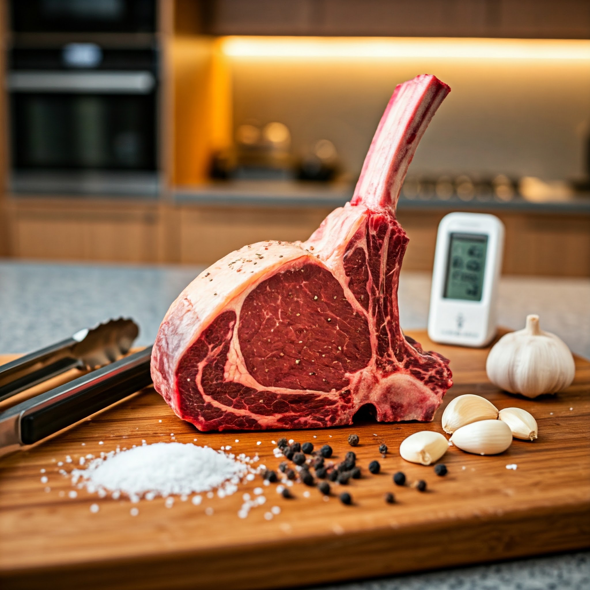 Seasoned raw tomahawk steak on a wooden cutting board with garlic and salt