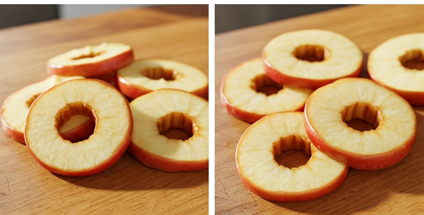 Step-by-step process of coring and slicing an apple into donut rings