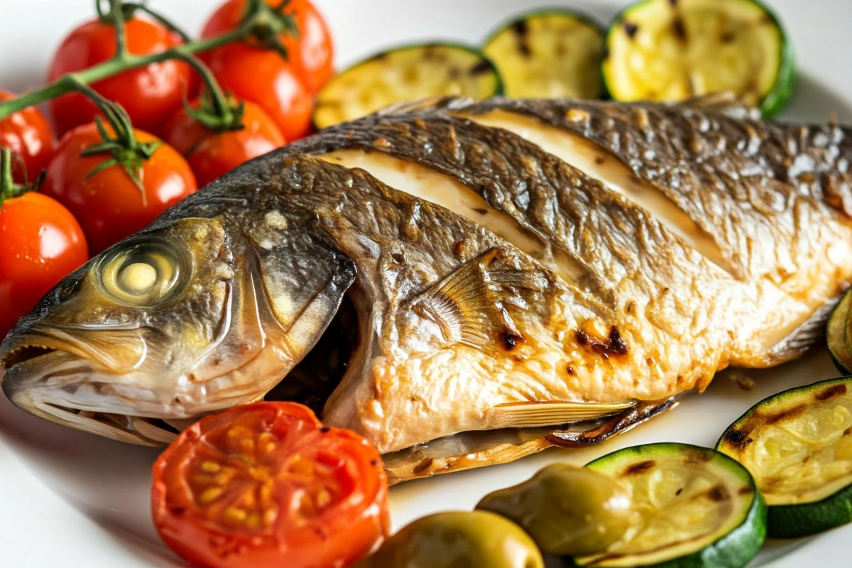 Whole roasted branzino with crispy skin and Mediterranean vegetables