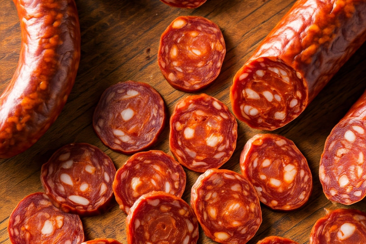 Mexican chorizo and Spanish chorizo displayed on a wooden board