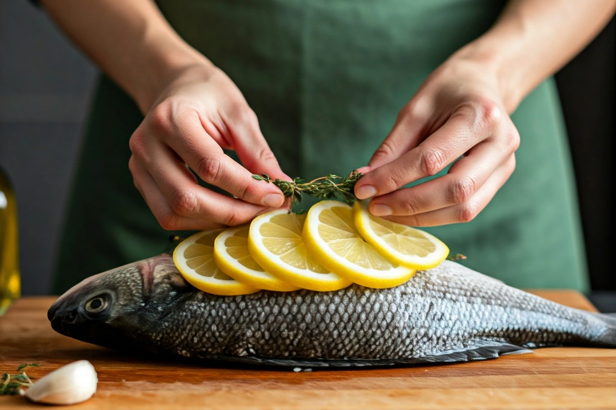 Stuffing branzino with lemon and herbs