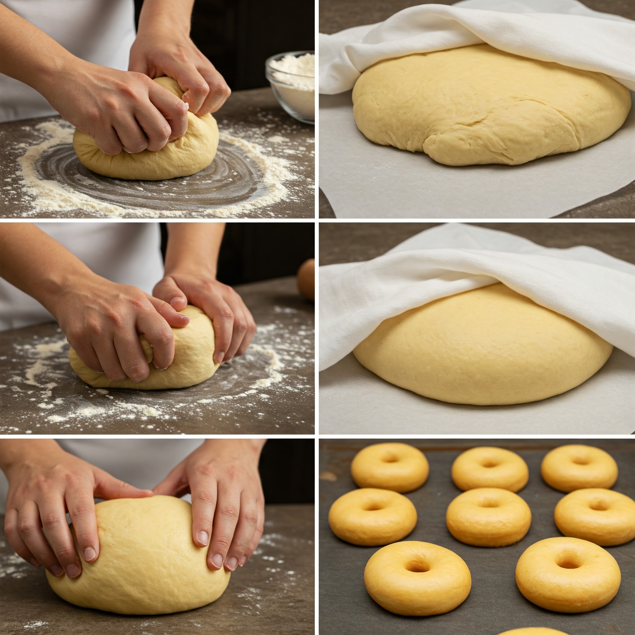 Dough being kneaded, rested, and shaped into doughnuts