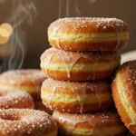 Soft golden-brown glazed doughnuts on a table