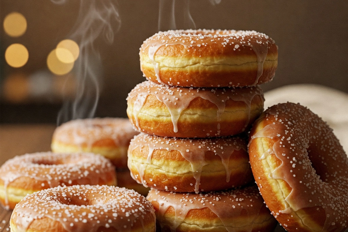 Soft golden-brown glazed doughnuts on a table