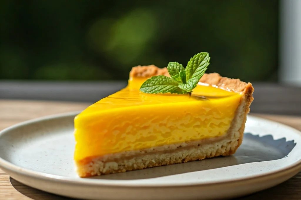 Close-up slice of mango pie with a mint garnish