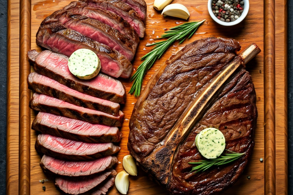 Sliced tomahawk steak and sliced ribeye side by side with garnishes
