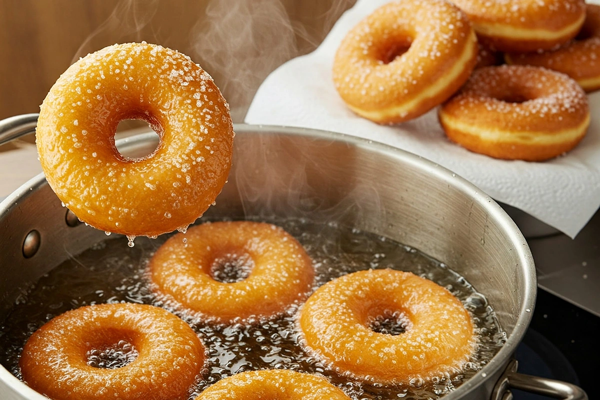 Doughnuts frying in a pot of oil