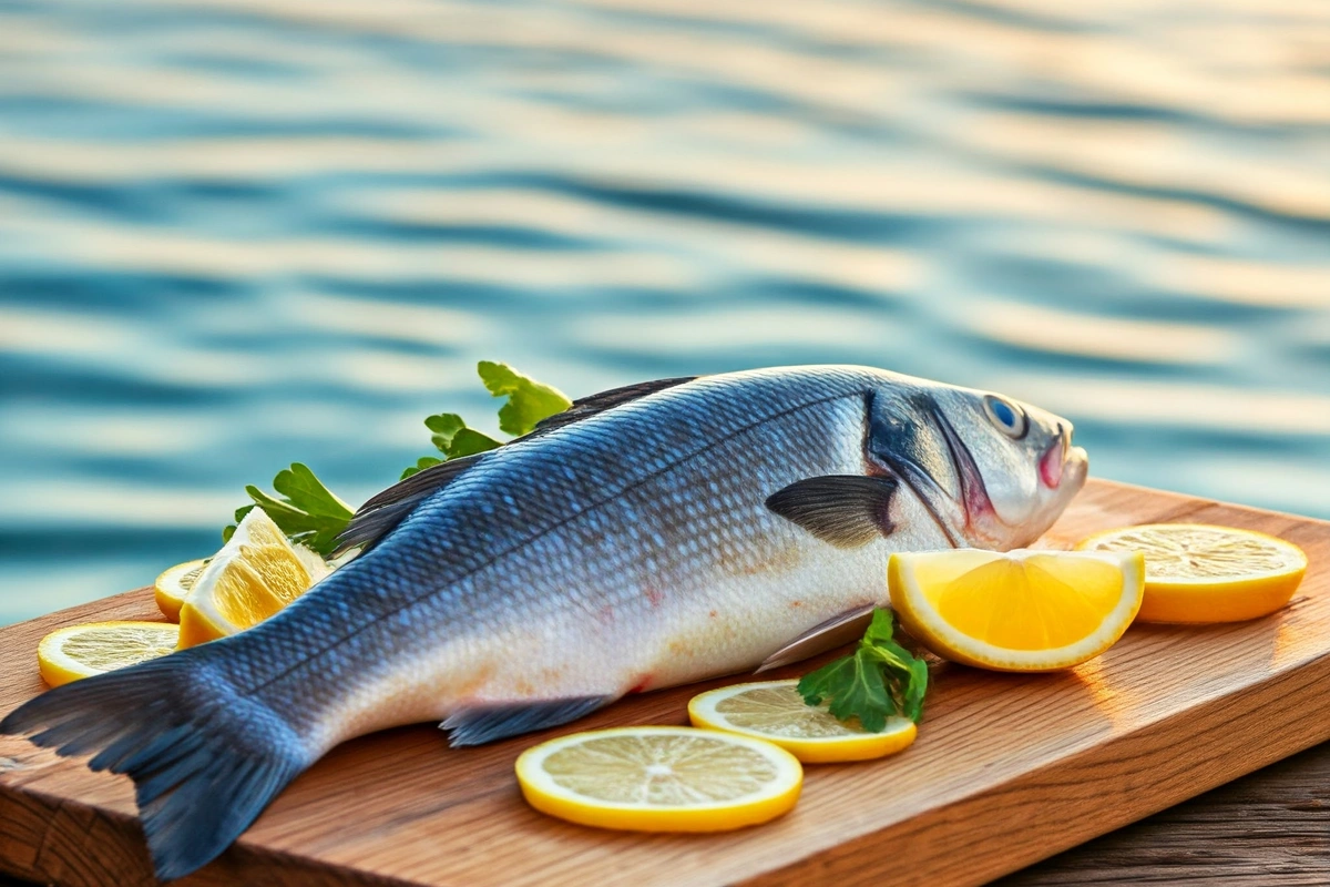 Fresh branzino on a wooden plank by the Mediterranean shoreline