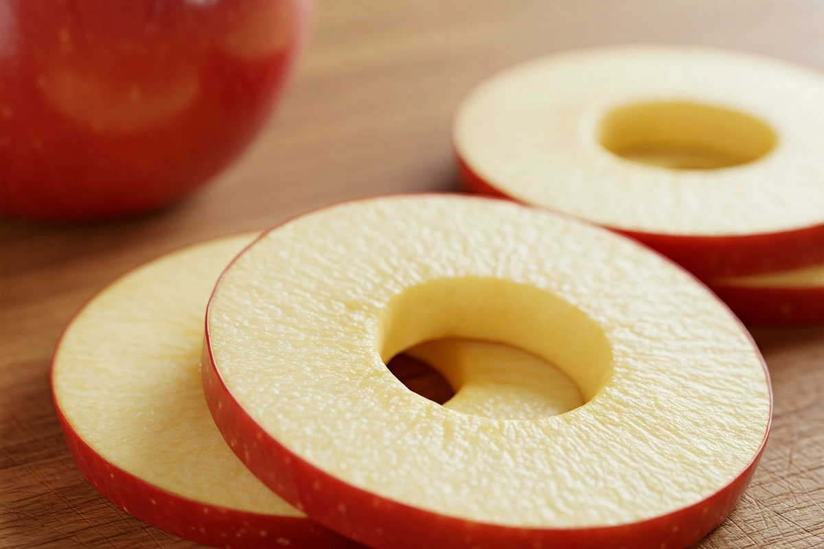 Apple being sliced into donut-shaped rings on a cutting board