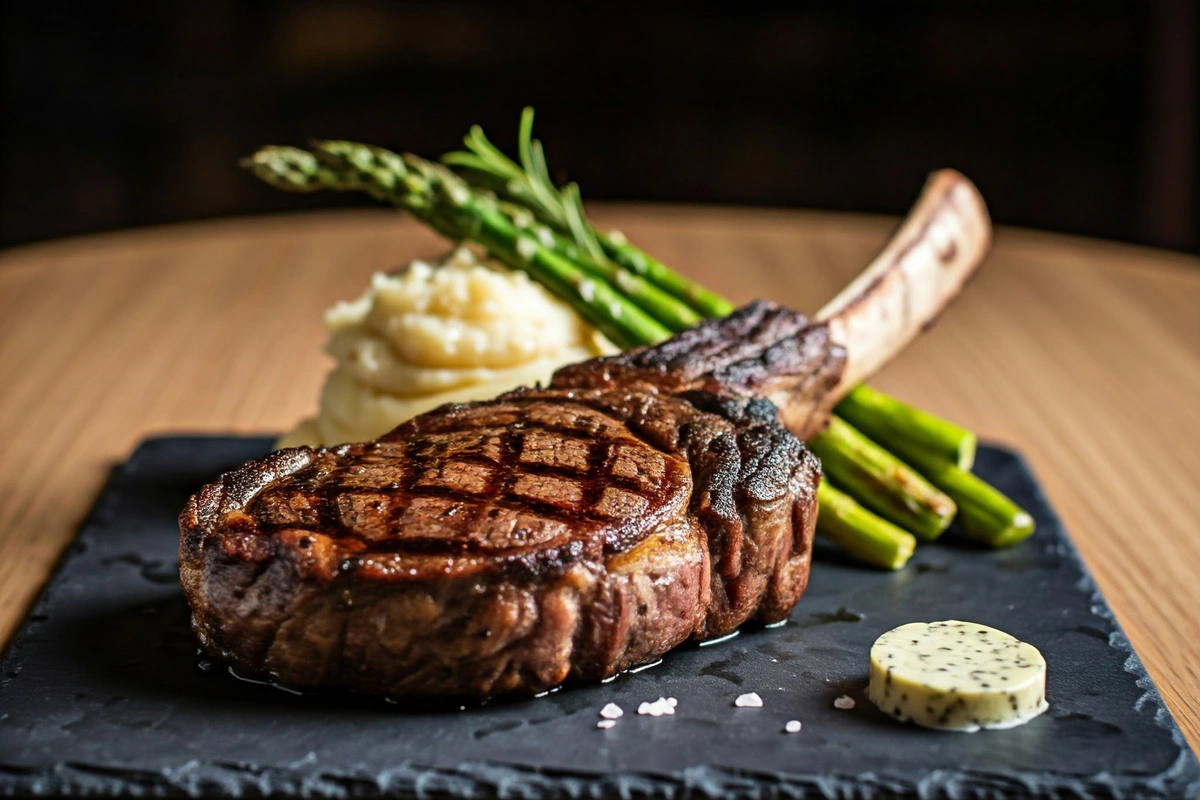 Cooked tomahawk steak with roasted asparagus and mashed potatoes