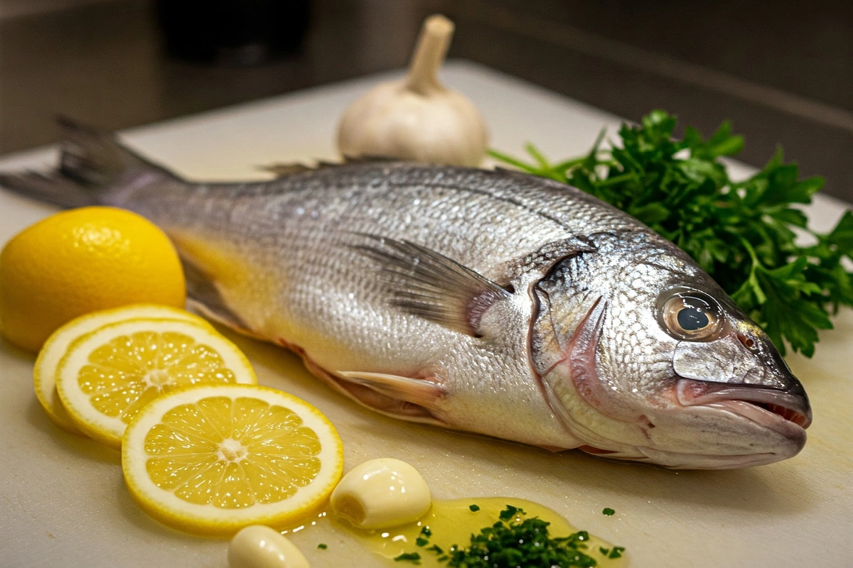 Fresh branzino on a cutting board with lemon, garlic, and parsley