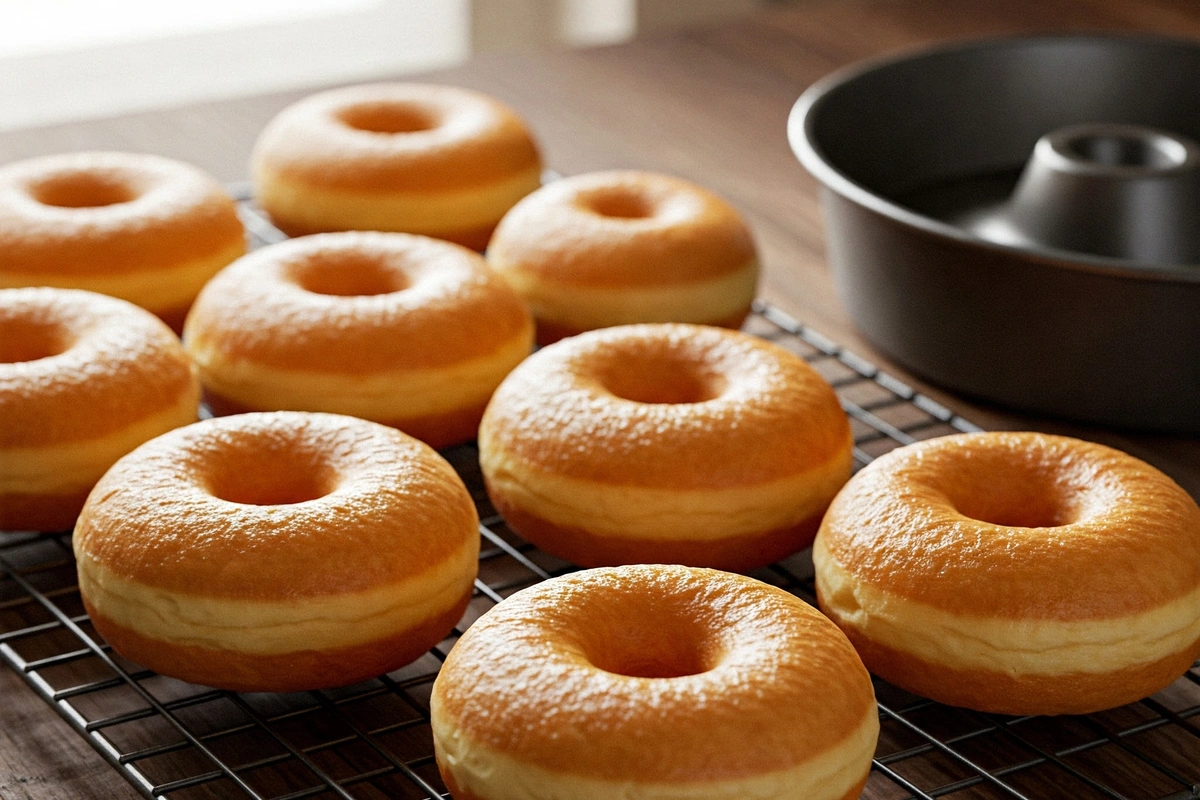 Baked doughnuts cooling on a wire rack