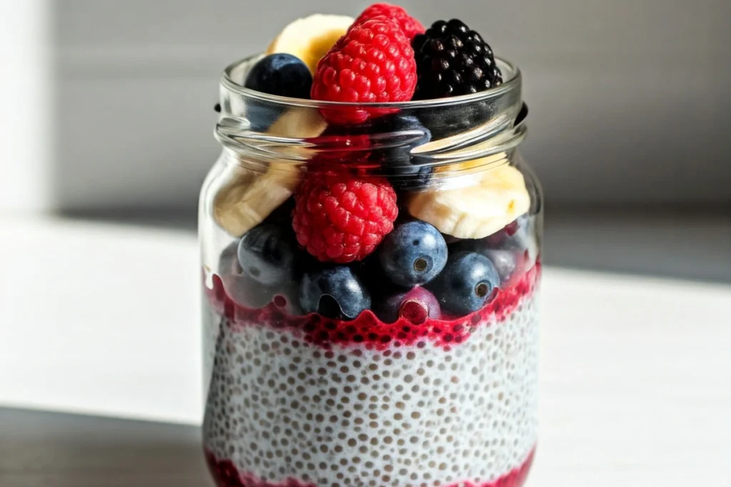 Jar of chia seed pudding topped with berries and bananas