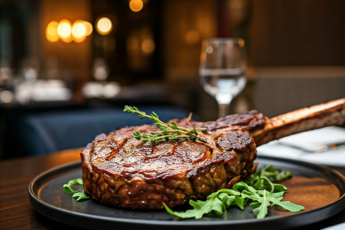 Tomahawk steak served in a fine dining restaurant with elegant plating