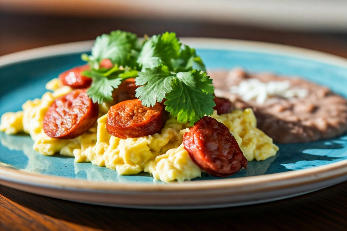 Breakfast plate of scrambled eggs and chorizo with beans