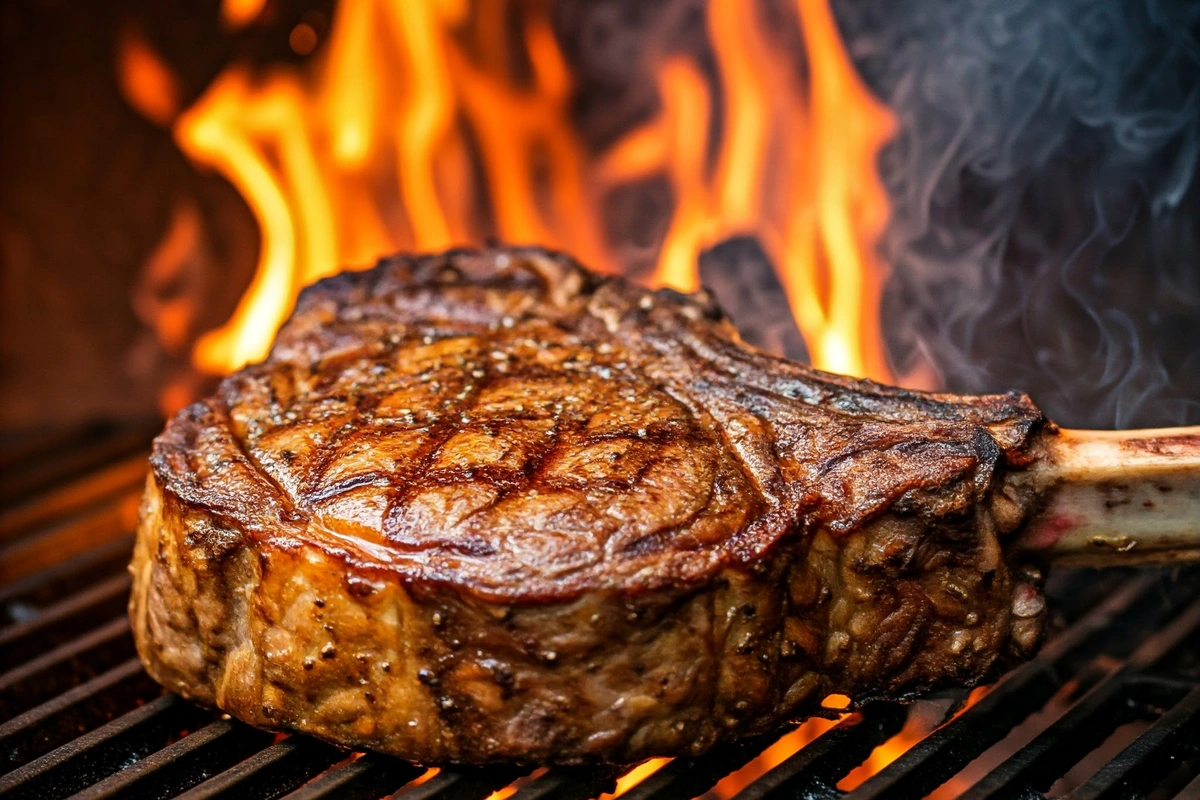 Close-up of a tomahawk steak cooking over open flames