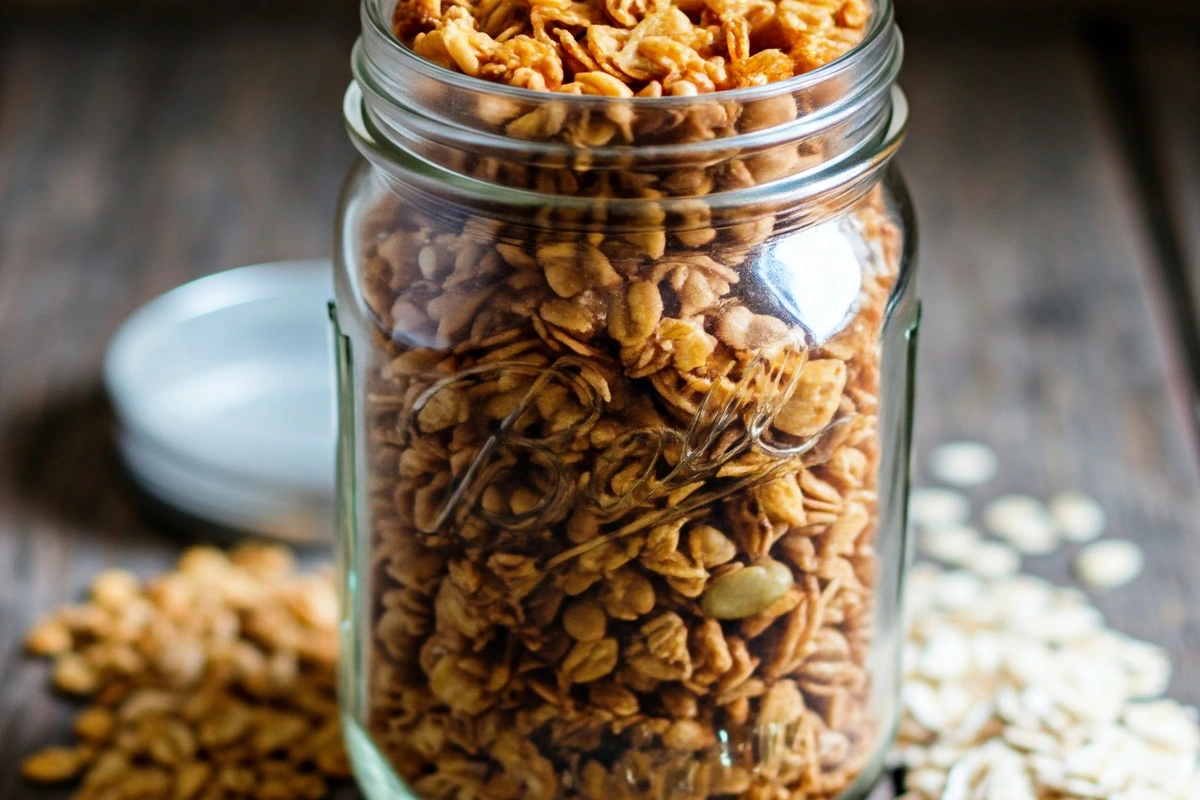 Close-up of golden homemade granola in a mason jar on a wooden table