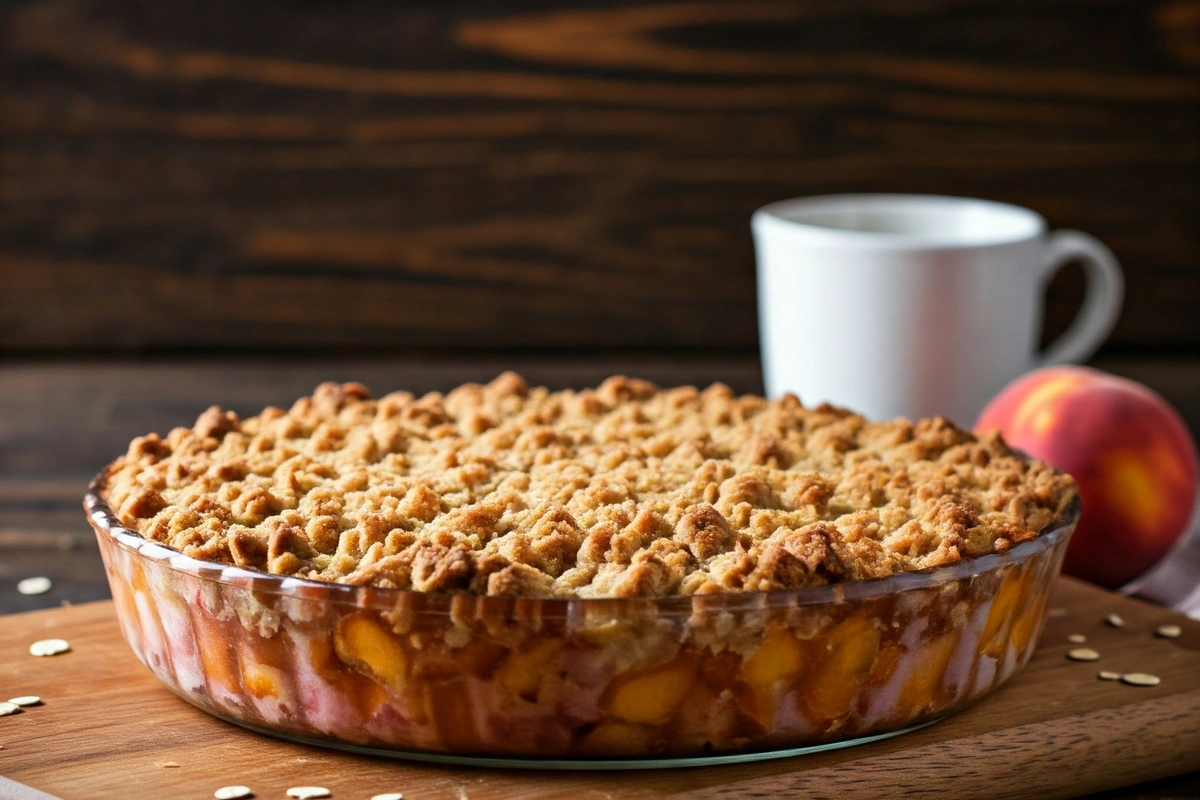 Freshly baked peach crisp with a golden topping in a rustic kitchen