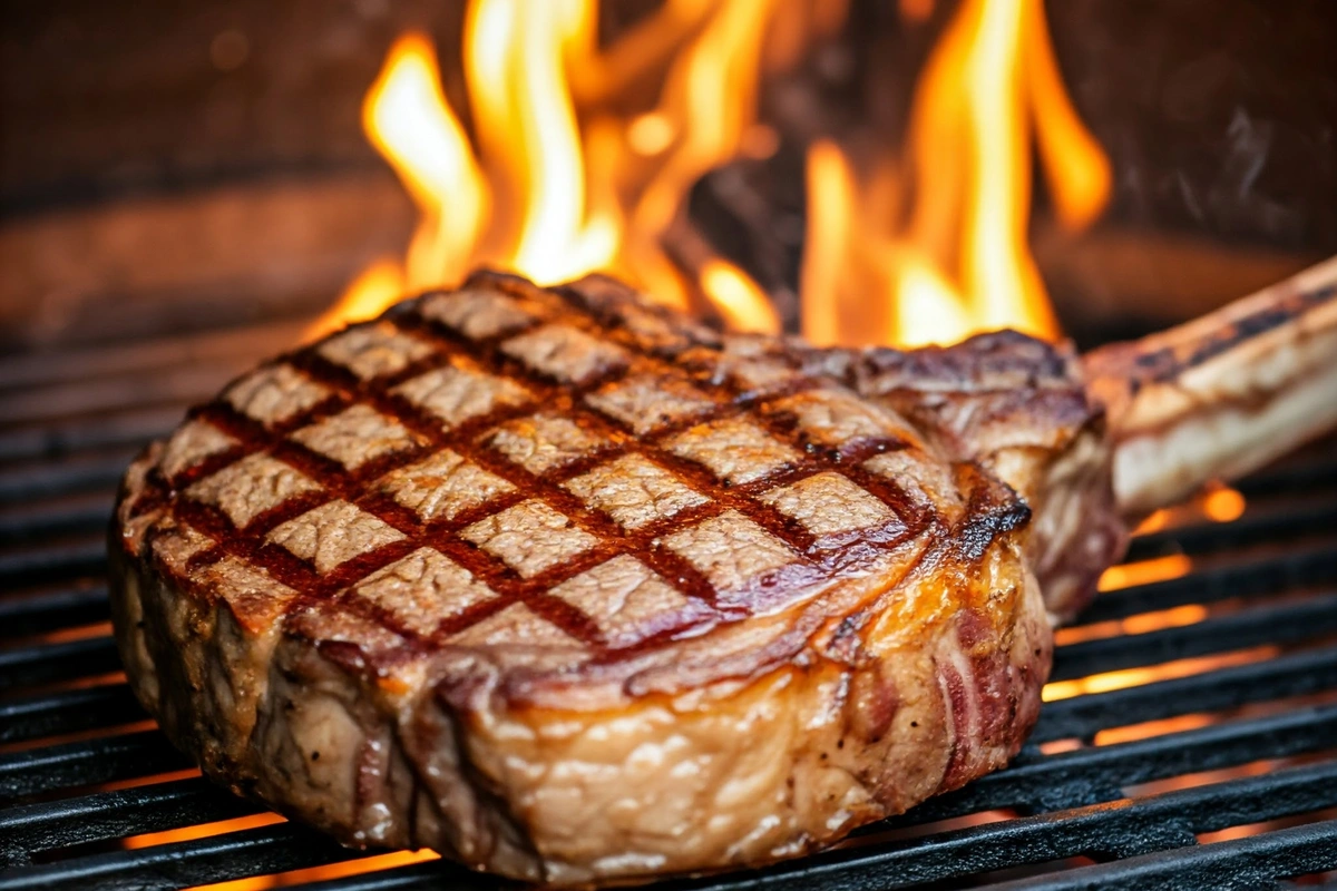 Tomahawk steak cooking on a hot grill