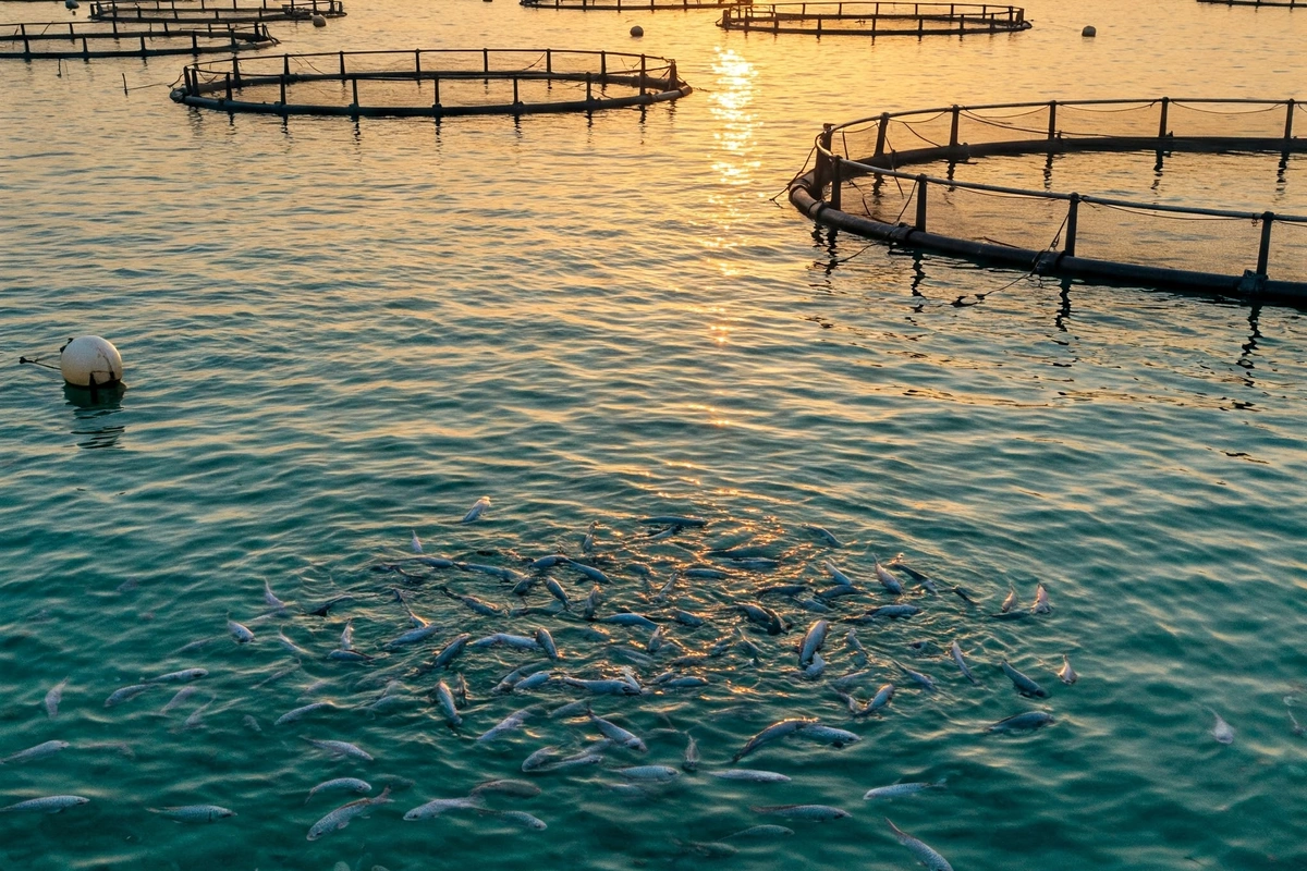 Branzino fish farm in Mediterranean waters