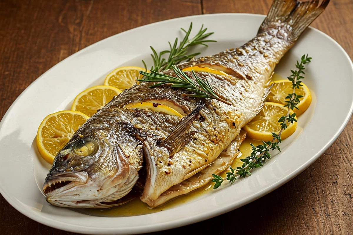 Whole roasted branzino with lemon and herbs on a wooden table