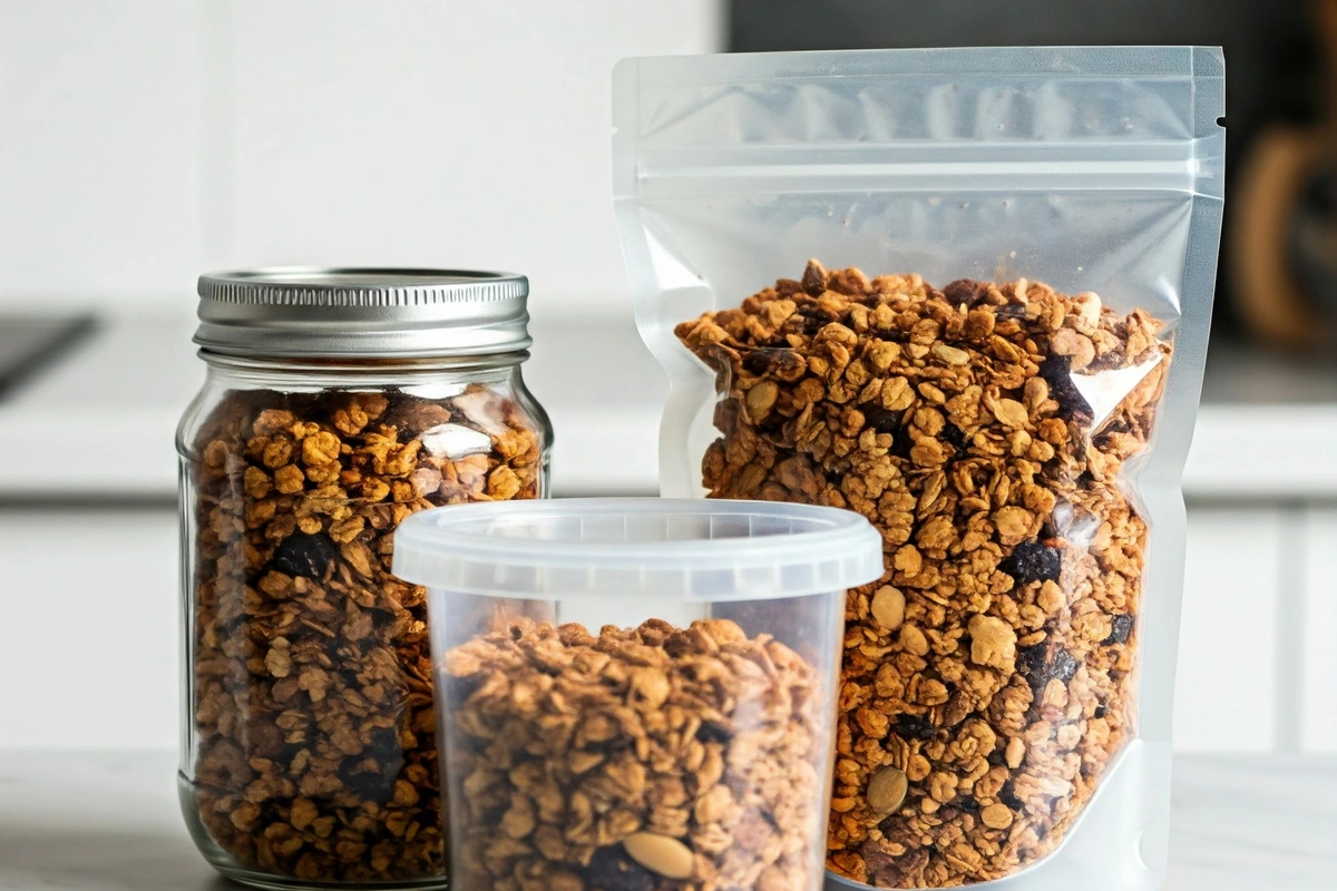 Different types of sealed containers for storing homemade granola